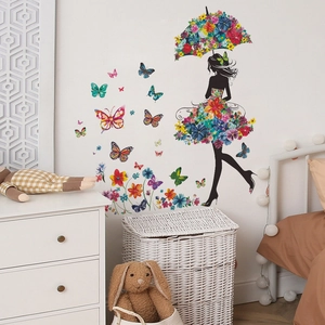 Sticker mural silhouette fille robe fleurie et papillons colorés pour chambre