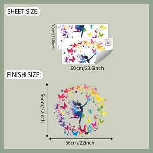 Detailed size chart showing dimensions for ballerina fairy and butterfly wall stickers