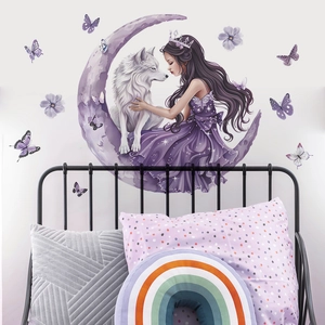 Stickers muraux de princesse loup et croissant de lune de style aquarelle
