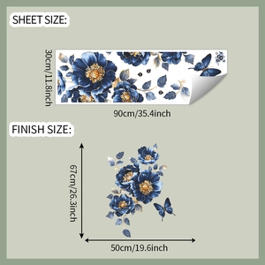Detail showing dimensions of blue peony wall stickers with gold edges and butterflies