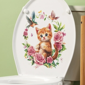 Sticker autocollant chat aquarelle et fleurs roses sur couvercle de toilette blanc