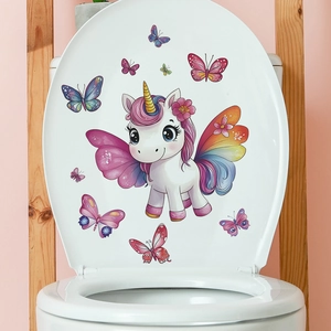 Cartoon Unicorn And Butterfly Toilet Lid Sticker PVC Waterproof Bathroom Home Decor Cute Animal Printed Wall Decal Set