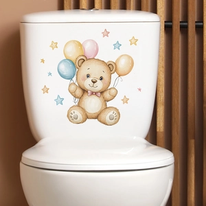 Cartoon Teddy Bear With Balloons Toilet Sticker Cute Animals PVC Waterproof Bathroom Toilet Lid Decal Home Decorative Art Poster