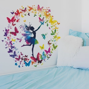 Ballerina fairy wall sticker with rainbow butterfly wings for bedroom home wall decor