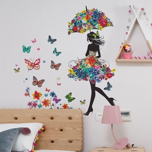 Sticker Mural Créatif Silhouette Fille Fleur Papillon PVC DIY Amovible Floral Papillon Stickers Muraux pour Décoration de Chambre Salon