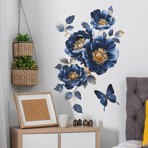 Elegant Blue Peony Flower Butterfly Wall Sticker With Gold Edge PVC Removable DIY Wall Decal For Bedroom Living Room Decor