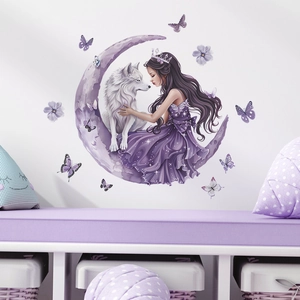 Sticker mural féerique avec fille et loup blanc sur lune et papillons violets