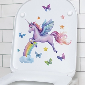 Watercolor unicorn and butterfly wall stickers applied on a white toilet cover decor