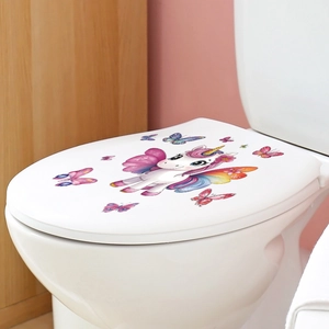 Cartoon unicorn and colorful butterflies decorative wall sticker for bathroom toilet lids