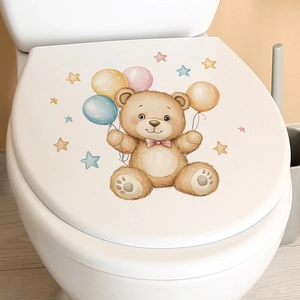 Cute cartoon bear with colorful balloons waterproof toilet seat lid sticker for bathroom decor