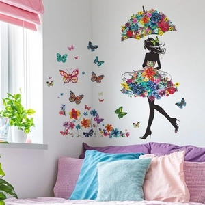 Sticker mural fille papillon floral pour décoration murale de chambre et salon mural