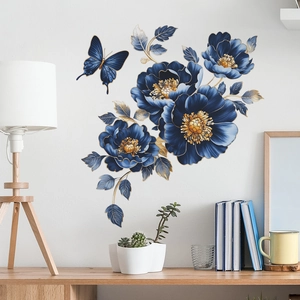 Elegant 3D blue peony wall sticker with gold edges and butterfly for home decor