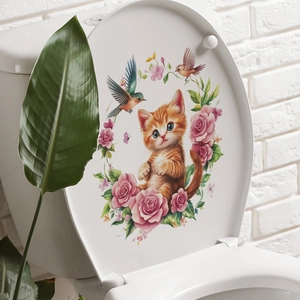 Détail de stickers chat floral et oiseaux sur couvercle de toilette pour décoration