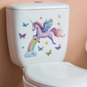 Cartoon unicorn and rainbow butterfly waterproof PVC toilet lid decorative wall sticker