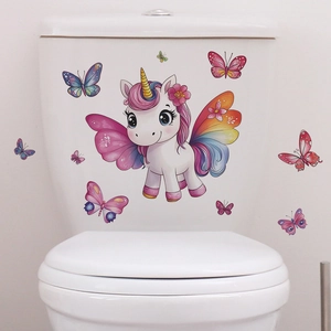 Cartoon unicorn and colorful butterflies wall sticker for bathroom toilet decoration