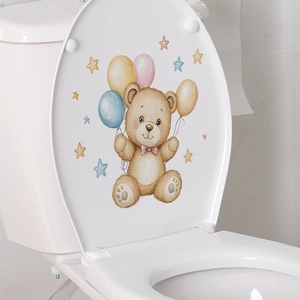 Cartoon teddy bear with colorful balloons bathroom toilet seat decorative sticker decal