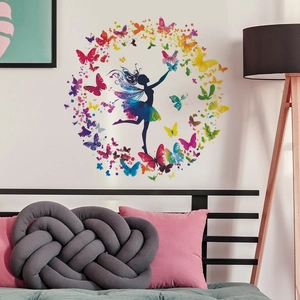 Ballerina silhouette wall decal with colorful 3D butterflies for bedroom decor