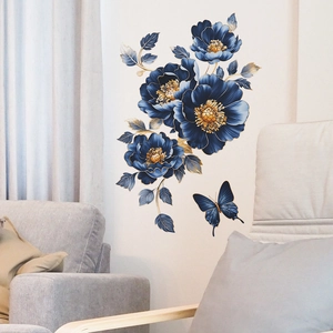 3D blue peony flower and butterfly wall stickers for living room and bedroom home decor