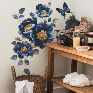 Elegant 3D blue peony wall stickers with gold edges and blue butterfly for home decoration