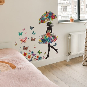 Sticker mural créatif fille à fleurs et papillons pour décor de chambre et salon