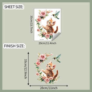 Vue détaillée des stickers WC chat et fleurs avec dimensions de la planche et taille finale