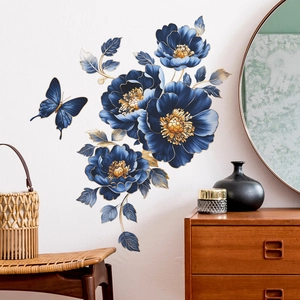 3D blue peony floral wall stickers with golden edges and butterfly for home decor