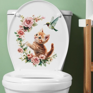 Sticker de toilette autocollant avec un chaton mignon, des roses roses et un petit colibri