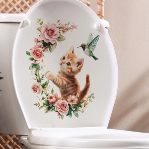 Autocollant décoratif chat orange et fleurs pour abattant de WC, style aquarelle douce