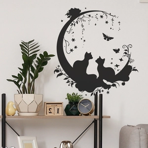 Sticker mural romantique avec silhouette de chats, croissant de lune et étoiles sur mur