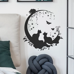 Sticker mural chat silhouette sur croissant de lune avec papillon pour décor de chambre