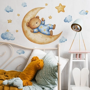 Cartoon sleeping bear on moon wall sticker for kids bedroom decor with stars and clouds