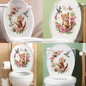 Sticker de Couvercle de Toilettes Chat Dessin Animé Fleur Oiseau Amovible Imperméable PVC Décoration de Salle de Bain Maison
