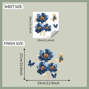 Detail showing dimensions of blue floral wall stickers with butterflies and dimensions