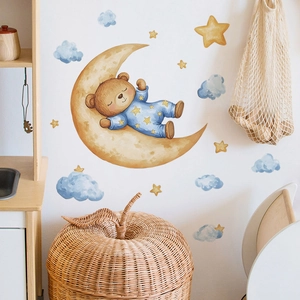 Cartoon sleeping bear on moon wall sticker set with stars and clouds for nursery