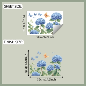 Detalle de dimensiones de la pegatina de ventana con hortensias azules y mariposas