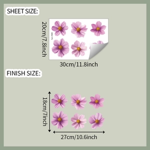 Detail showing dimensions of purple cosmos flower wall decals for bedroom decor