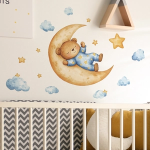 Cartoon teddy bear sleeping on moon wall stickers with clouds and stars for baby nursery