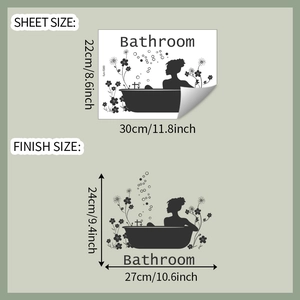 Detail showing dimensions of a bathroom wall sticker with a woman in a bathtub