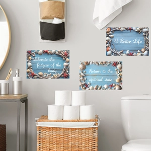 Stickers muraux nautiques avec texture bois bleu, coquillages, étoiles de mer et slogans