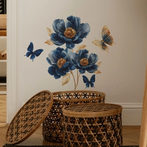 Blue Peony Floral Butterfly Wall Sticker PVC Self Adhesive Home Decor Decal For Living Room Bedroom Background