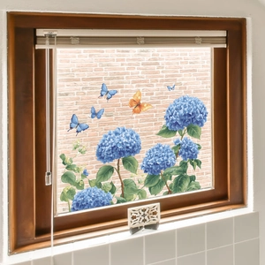 Pegatinas de hortensias azules con mariposas para decoración de ventanas