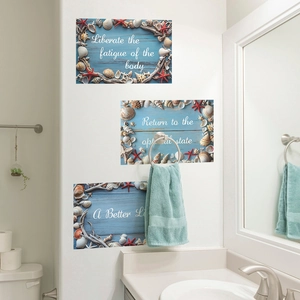 Lot de 3 décorations murales de salle de bain thème marin avec coquillages et bois bleu