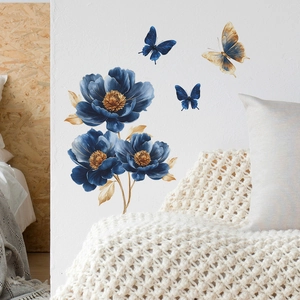 Blue floral wall decals with golden butterflies for living room and bedroom decor
