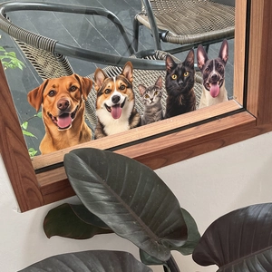 Peeking pets glass decals featuring realistic dogs and cats for home window decoration
