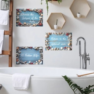 Art mural de salle de bain en trois pièces avec coquillages et étoiles de mer bleu