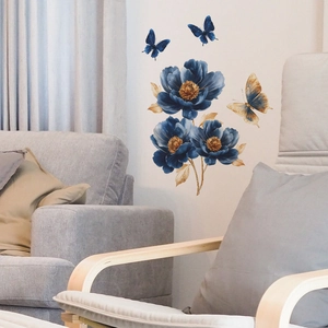 Modern living room wall stickers with blue floral peonies, golden leaves and butterflies