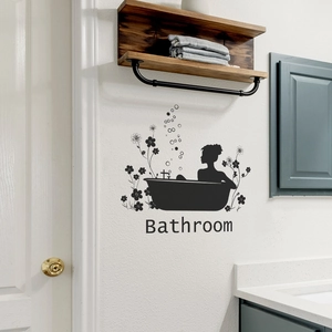 Creative Bathroom Decoration Wall Sticker Black Silhouette Woman In Bathtub Floral Pattern PVC Waterproof Self Adhesive Mural