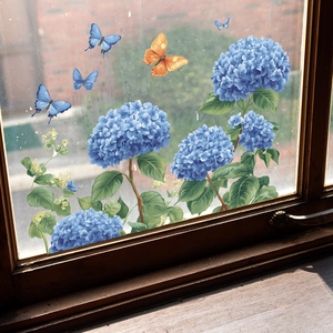Vinilo estático para cristales con hortensias azules y mariposas de colores vivos