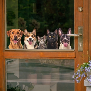 Realistic dog and cat static cling window decals with 3D peek-effect on glass doors