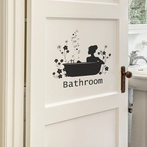 Creative black PVC bathroom wall sticker featuring a bathing woman silhouette and text